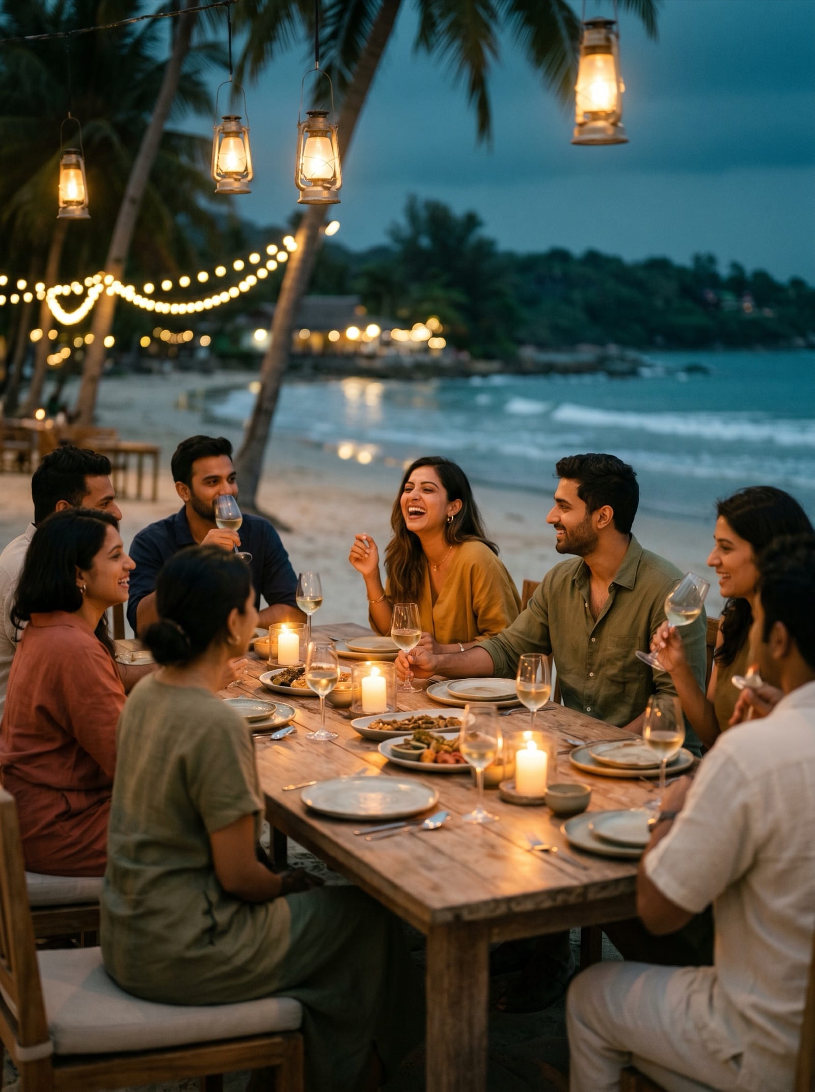 Voya members sharing a candlelit beach dinner at dusk